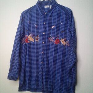 Bobbie Brooks Shirt L Women Long Sleeve Fall Leaves Button Up Plaid Blue